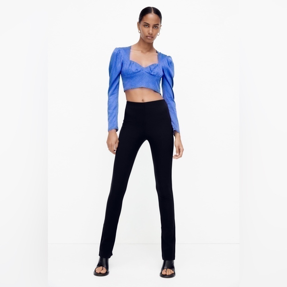 Zara Satin Blue Dot Cropped Long Sleeve Top ✨ - Picture 9 of 12